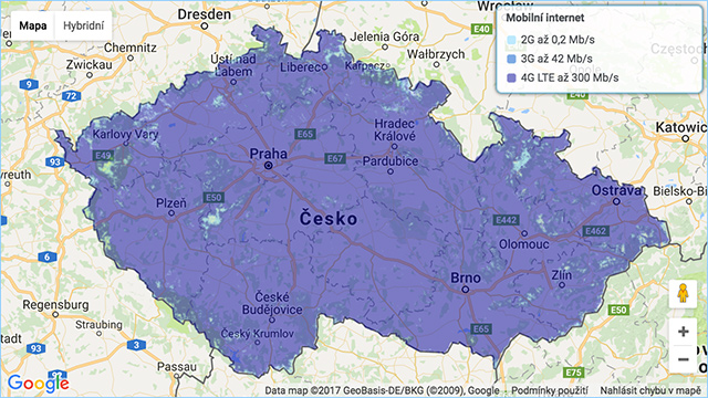 Mapa pokrytí O2 - mobilní internet