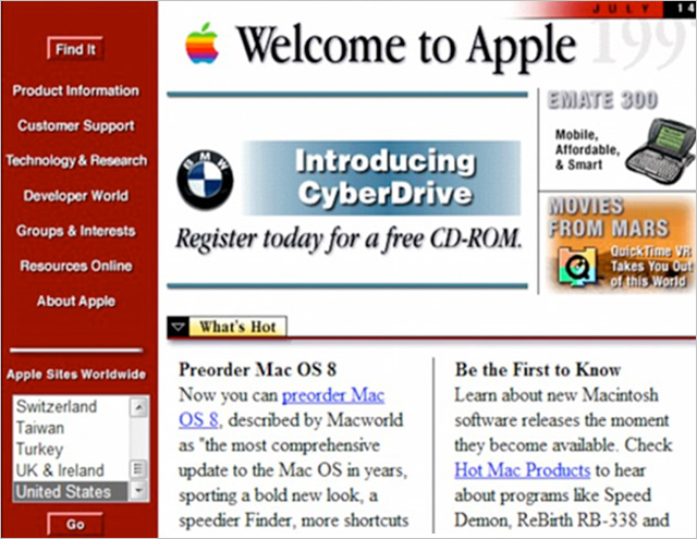 Webové stránky Applu před více jak 20ti lety