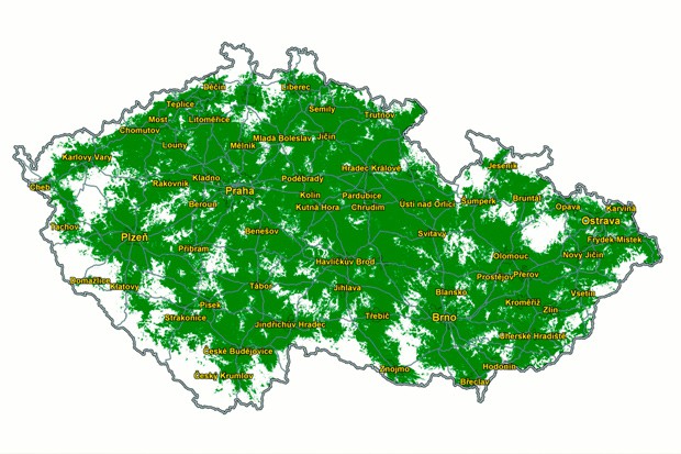 Mapa mobilního pokrytí broadbandem od ČTÚ