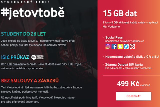 Vodafone navýšil data ve studentském tarifu na parádních 15 GB