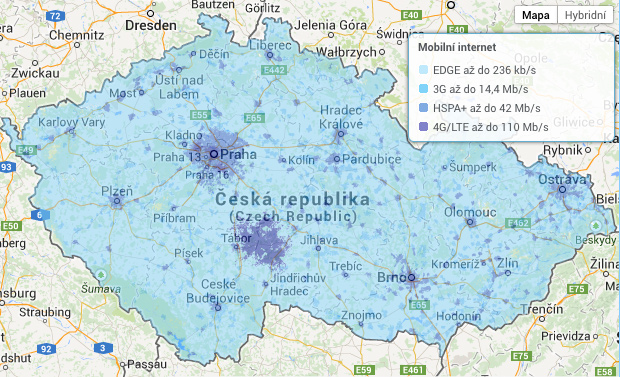 Mapa pokrytí - mobilní internet O2 