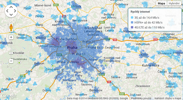 Mapa pokrytí 4G LTE O2 6/2014