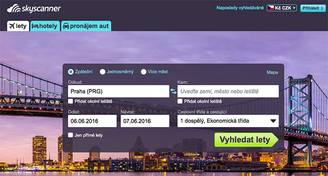 Vyhledávač skyscanner.cz 